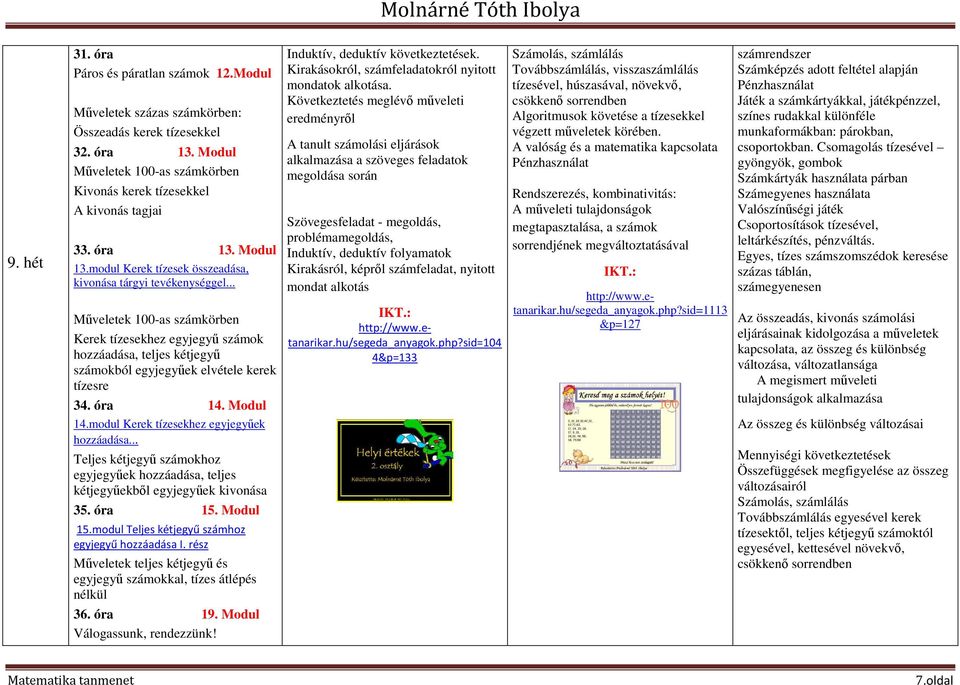 .. Műveletek 100-as számkörben Kerek tízesekhez egyjegyű számok hozzáadása, teljes kétjegyű számokból egyjegyűek elvétele kerek tízesre 34. óra 14. Modul 14.