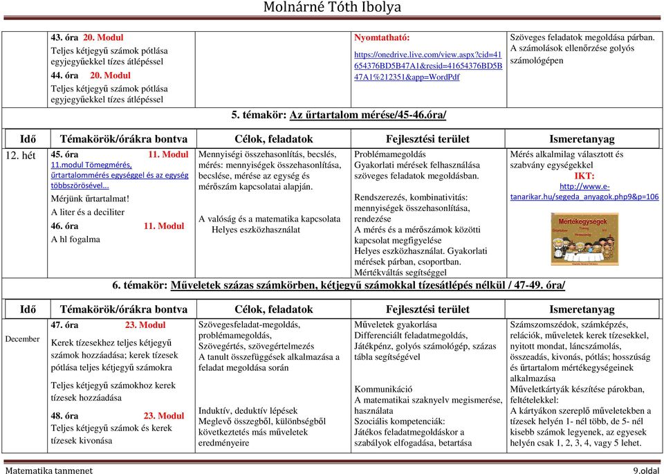 A számolások ellenőrzése golyós számológépen 12. hét 45. óra 11. Modul 11.modul Tömegmérés, űrtartalommérés egységgel és az egység többszörösével... Mérjünk űrtartalmat! A liter és a deciliter 46.