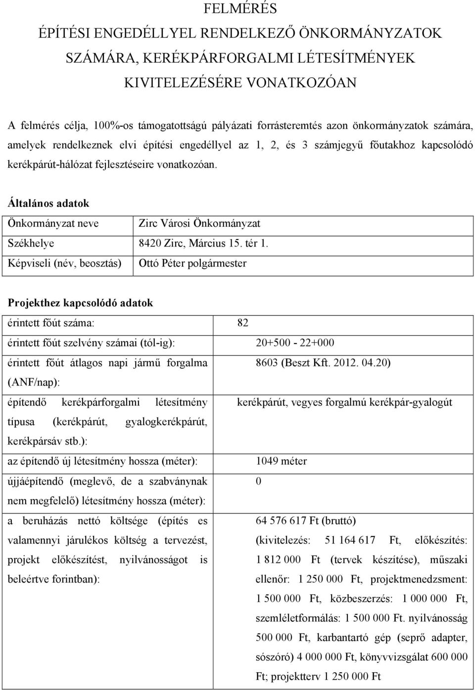 Általános adatok Önkormányzat neve Zirc Városi Önkormányzat Székhelye 8420 Zirc, Március 15. tér 1.