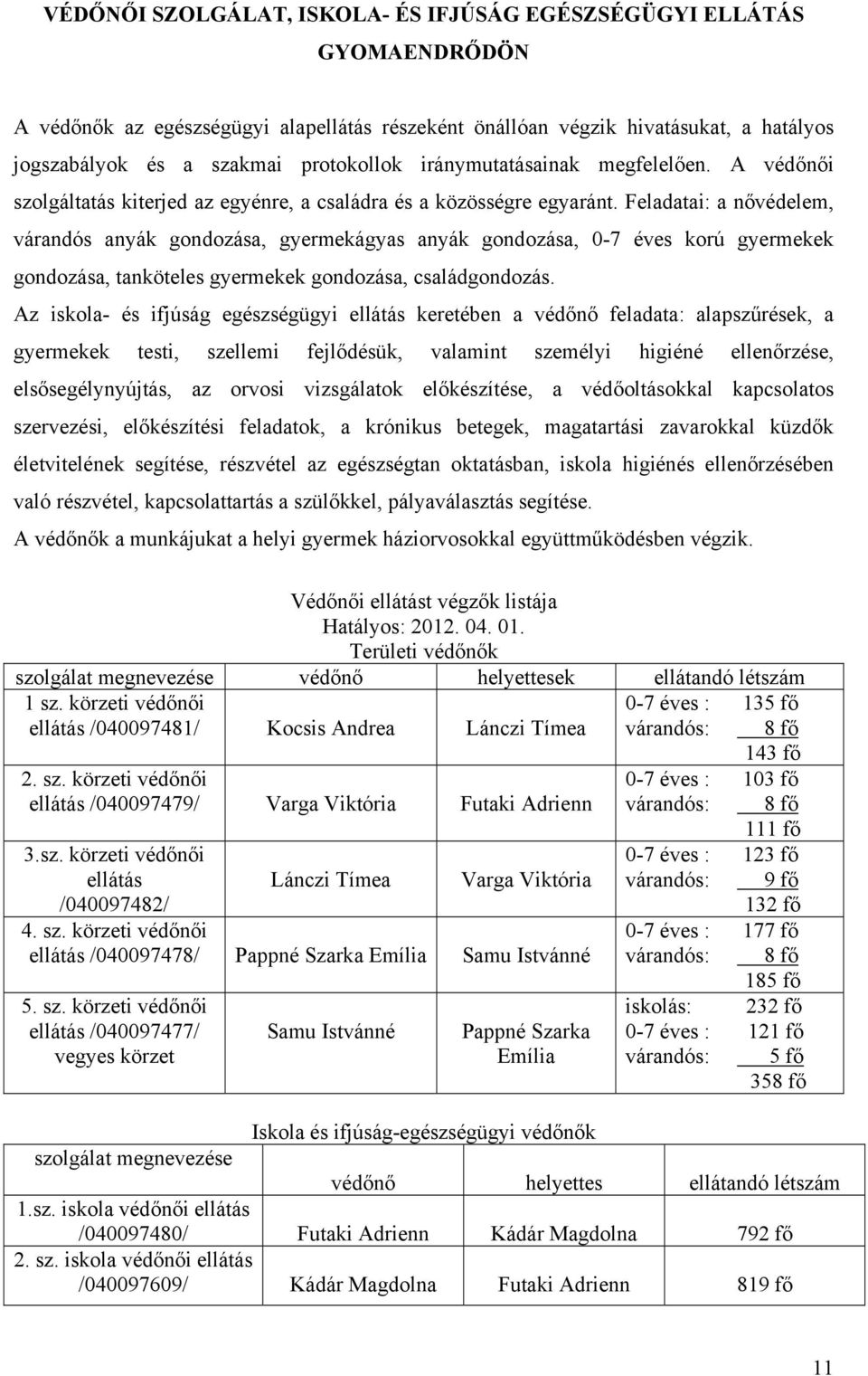 Feladatai: a nővédelem, várandós anyák gondozása, gyermekágyas anyák gondozása, 0-7 éves korú gyermekek gondozása, tanköteles gyermekek gondozása, családgondozás.