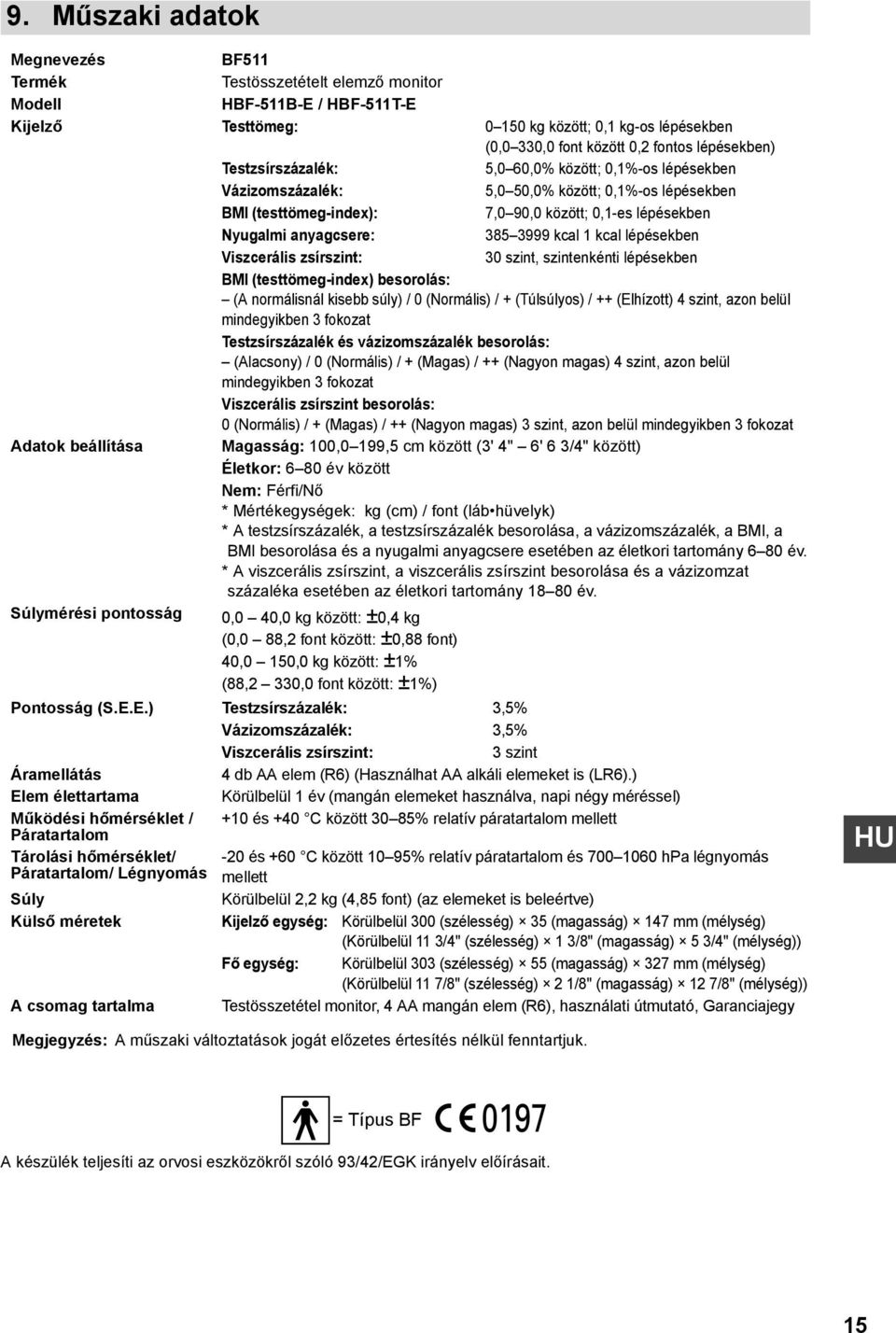 385 3999 kcal 1 kcal lépésekben Viszcerális zsírszint: 30 szint, szintenkénti lépésekben BMI (testtömeg-index) besorolás: (A normálisnál kisebb súly) / 0 (Normális) / + (Túlsúlyos) / ++ (Elhízott) 4