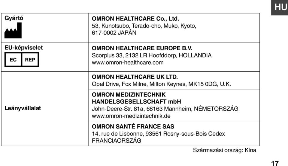 omron-healthcare.com OMRON HEALTHCARE UK LTD. Opal Drive, Fox Milne, Milton Keynes, MK15 0DG, U.K. OMRON MEDIZINTECHNIK HANDELSGESELLSCHAFT mbh John-Deere-Str.