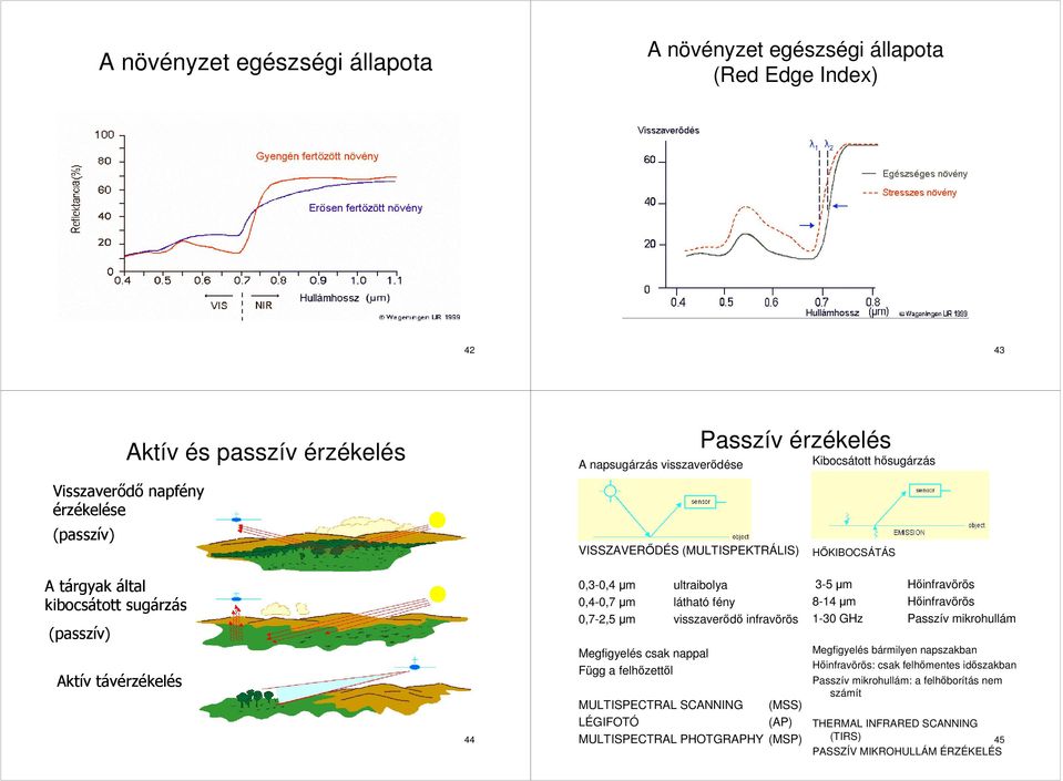0,7-2,5 µm visszaverődő infravörös Megfigyelés csak nappal Függ a felhőzettől MULTISPECTRAL SCANNING (MSS) LÉGIFOTÓ (AP) MULTISPECTRAL PHOTGRAPHY (MSP) 3-5 µm Hőinfravörös 8-14 µm Hőinfravörös 1-30