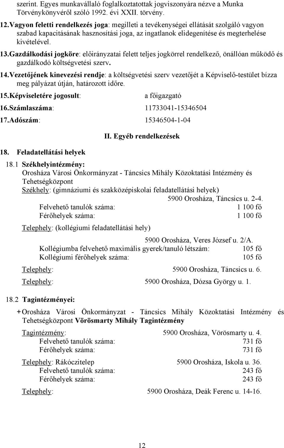 Gazdálkodási jogköre: előirányzatai felett teljes jogkörrel rendelkező, önállóan működő és gazdálkodó költségvetési szerv. 14.