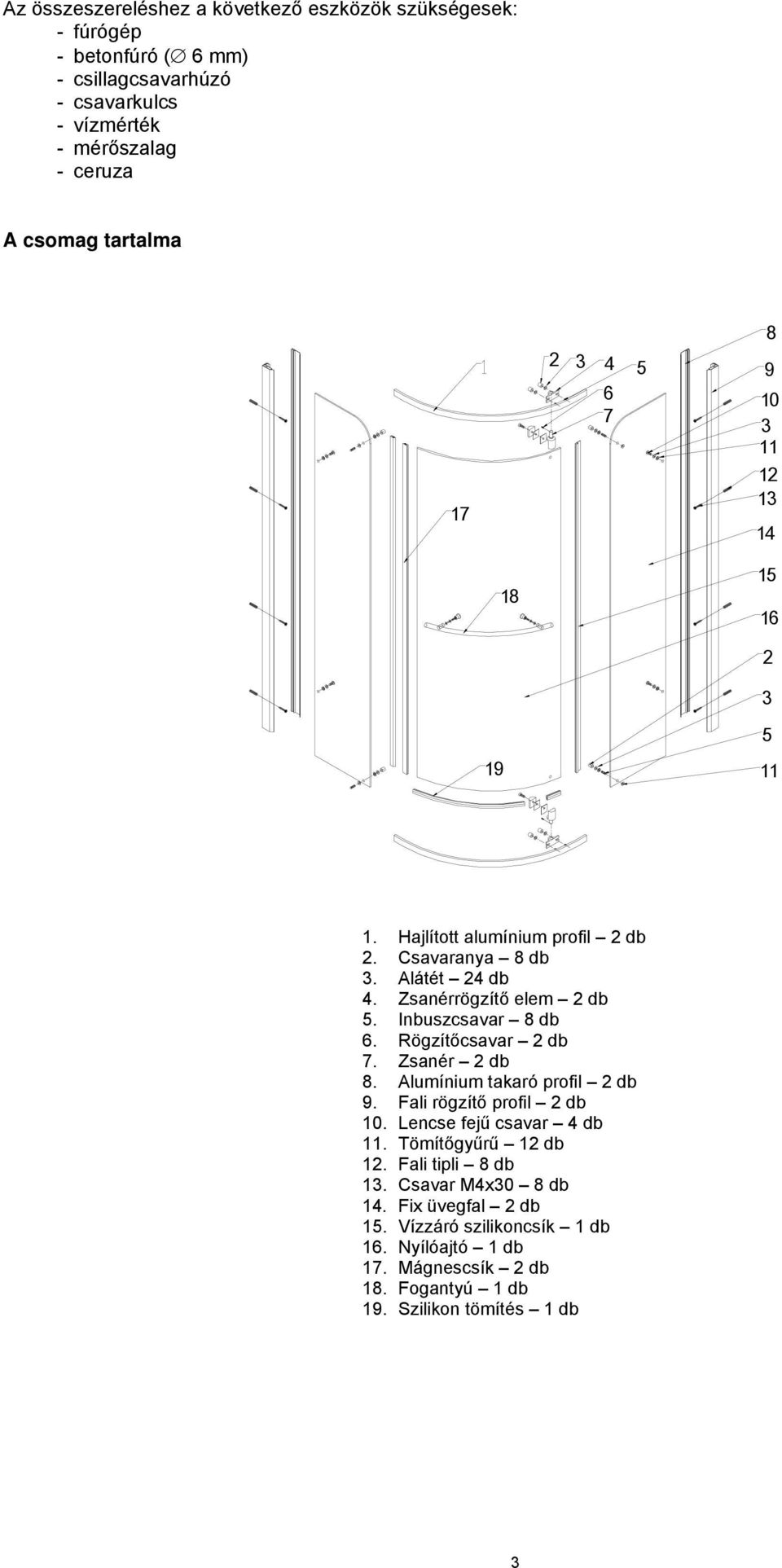 Inbuszcsavar 8 db 6. Rögzítőcsavar 2 db 7. Zsanér 2 db 8. Alumínium takaró profil 2 db 9. Fali rögzítő profil 2 db 10. Lencse fejű csavar 4 db 11.