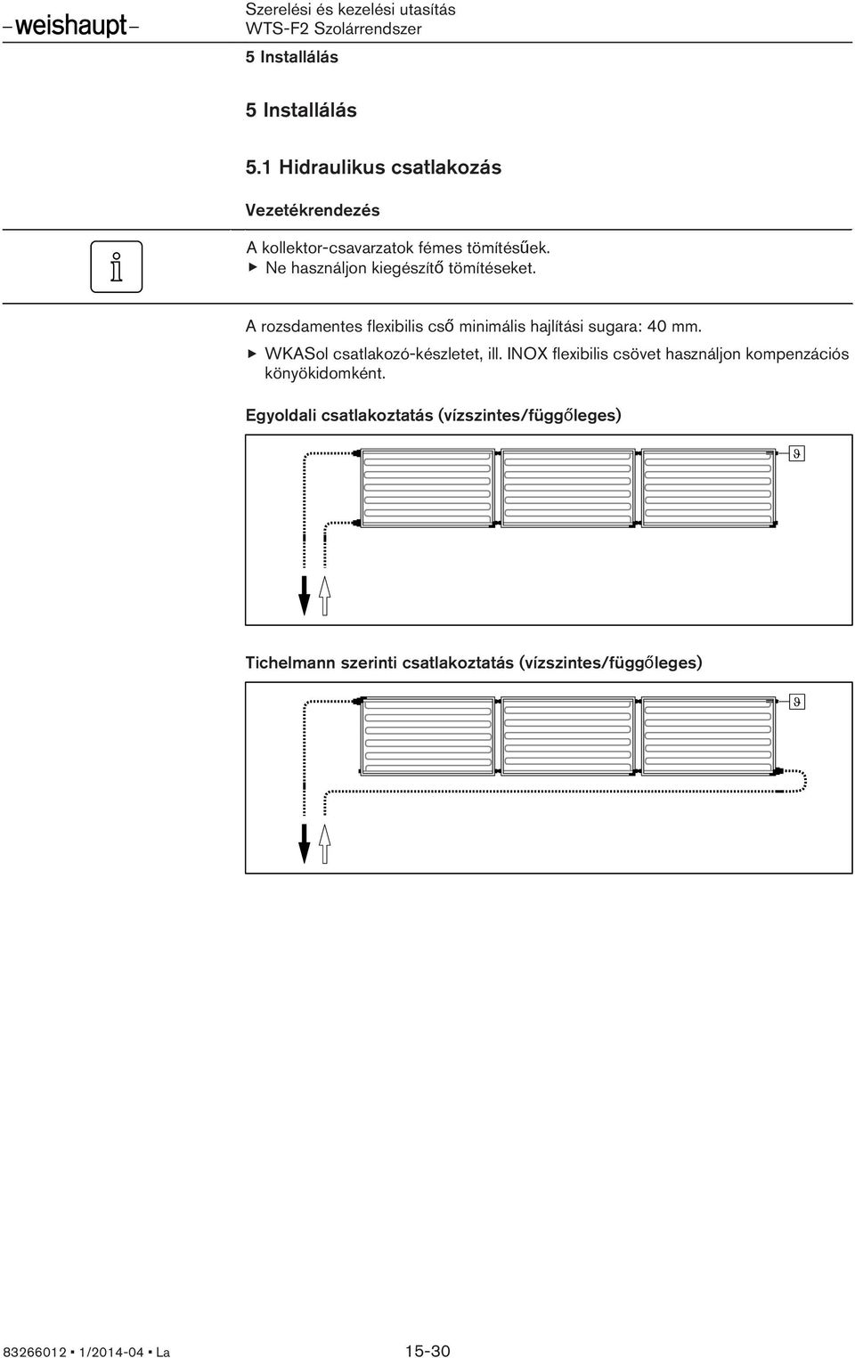 WKASol csatlakozó-készletet, ill. INOX flexibilis csövet használjon kompenzációs könyökidomként.