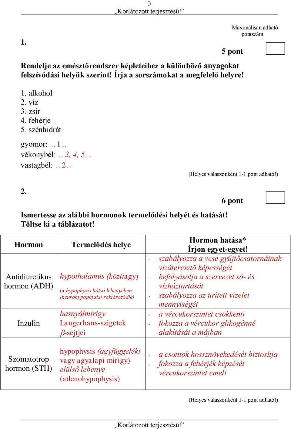 Hormon Antidiuretikus hormon (ADH) Inzulin Szomatotrop hormon (STH) Termelődés helye hypothalamus (köztiagy) (a hypophysis hátsó lebenyében (neurohypophysis) raktározódik) hasnyálmirigy