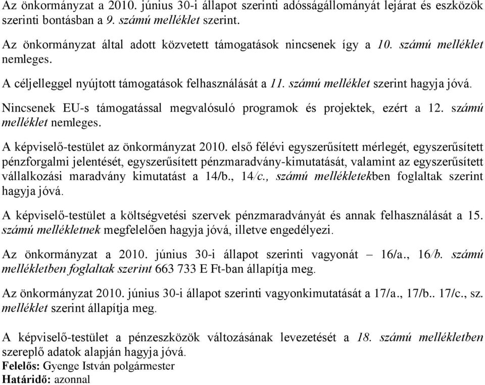 Nincsenek EU-s támogatással megvalósuló programok és projektek, ezért a 12. számú melléklet nemleges. A képviselő-testület az önkormányzat 2010.