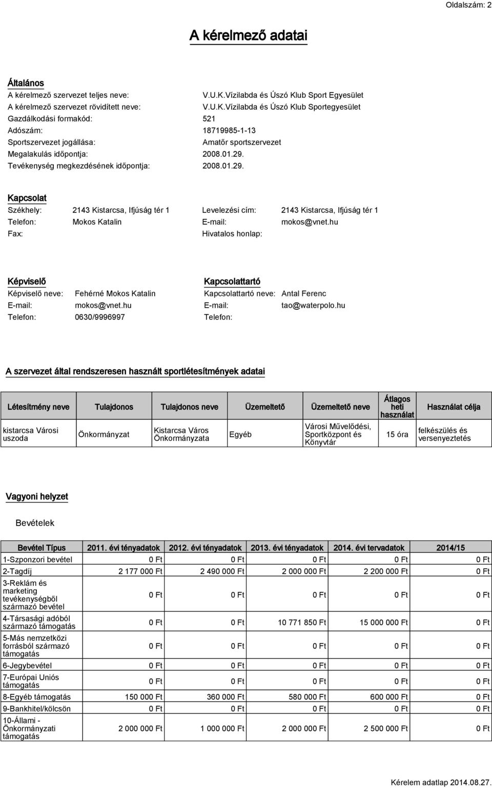 01.29. Tevékenység megkezdésének időpontja: 2008.01.29. Kapcsolat Székhely: 2143 Kistarcsa, Ifjúság tér 1 Levelezési cím: 2143 Kistarcsa, Ifjúság tér 1 Telefon: Mokos Katalin E-mail: mokos@vnet.