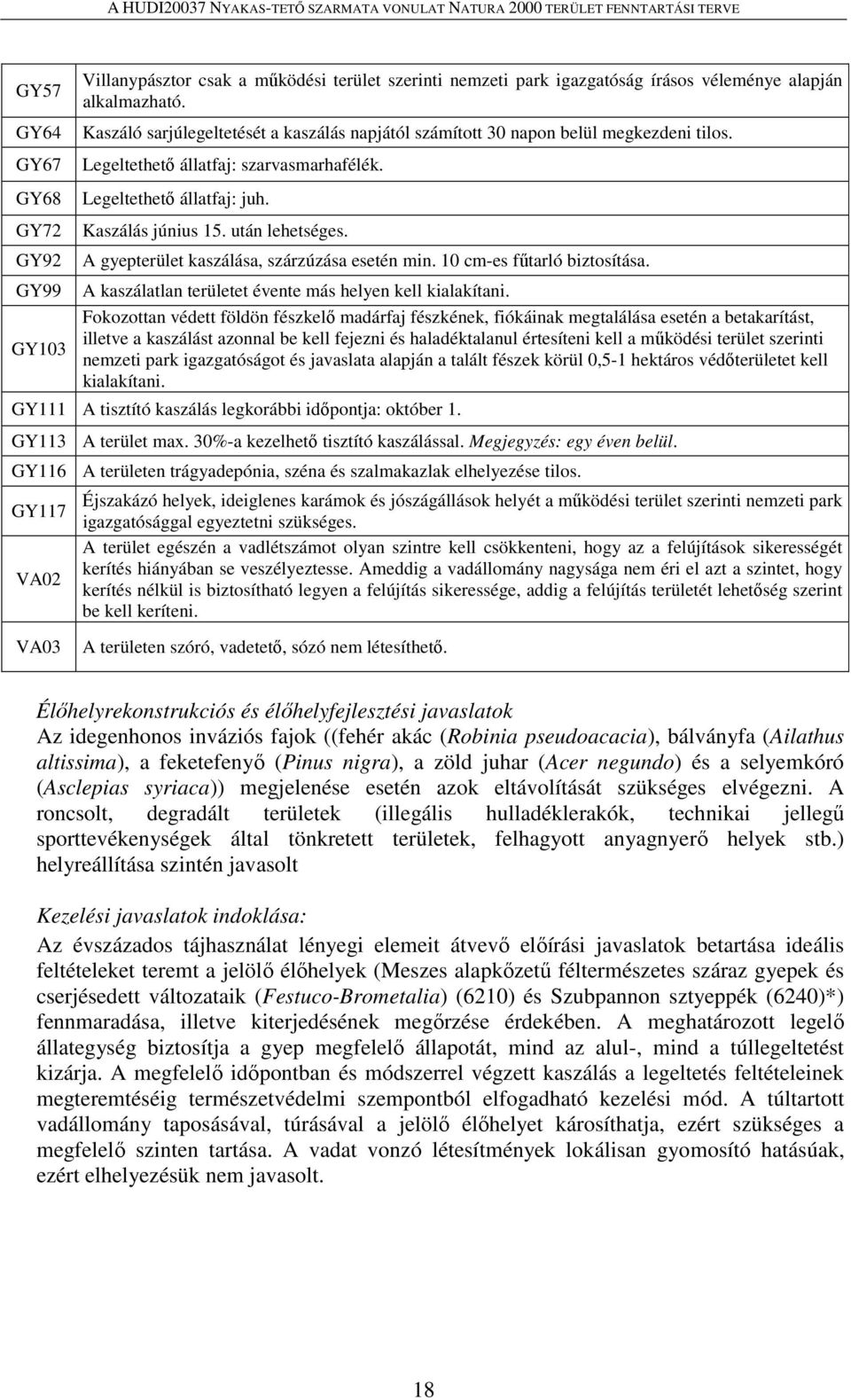 A gyepterület kaszálása, szárzúzása esetén min. 10 cm-es fűtarló biztosítása. A kaszálatlan területet évente más helyen kell kialakítani.