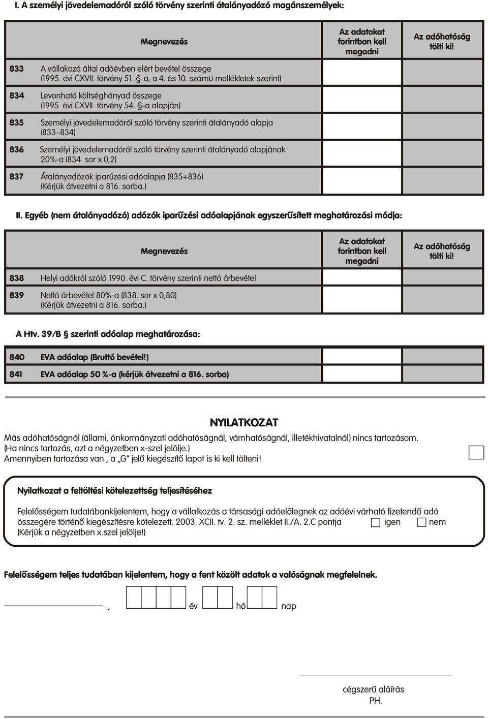 -a alapján) 835 Személyi jövedelemadóról szóló törvény szerinti átalányadó alapja (833 834) 836 Személyi jövedelemadóról szóló törvény szerinti átalányadó alapjának 20%-a (834.