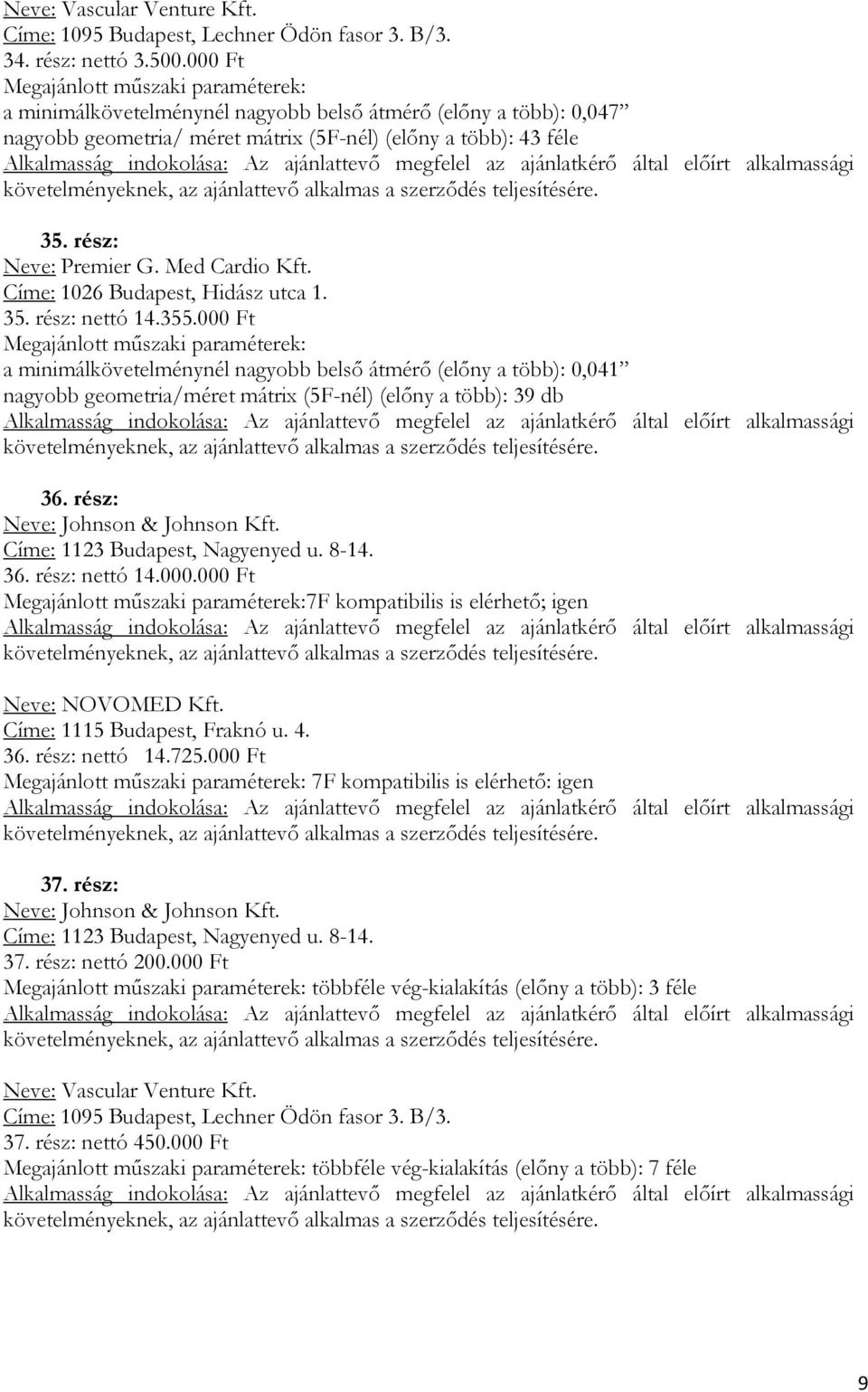 Címe: 1026 Budapest, Hidász utca 1. 35. rész: nettó 14.355.000 Ft a minimálkövetelménynél nagyobb belső átmérő (előny a több): 0,041 nagyobb geometria/méret mátrix (5F-nél) (előny a több): 39 db 36.