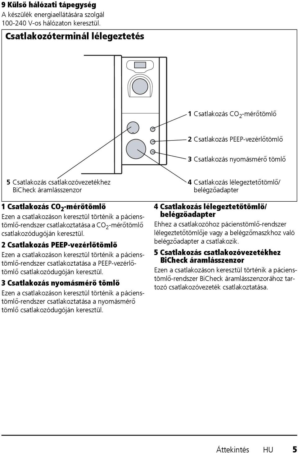 2 -mérőtömlő Ezen a csatlakozáson keresztül történik a pácienstömlő-rendszer csatlakoztatása a CO 2 -mérőtömlő csatlakozódugóján keresztül.