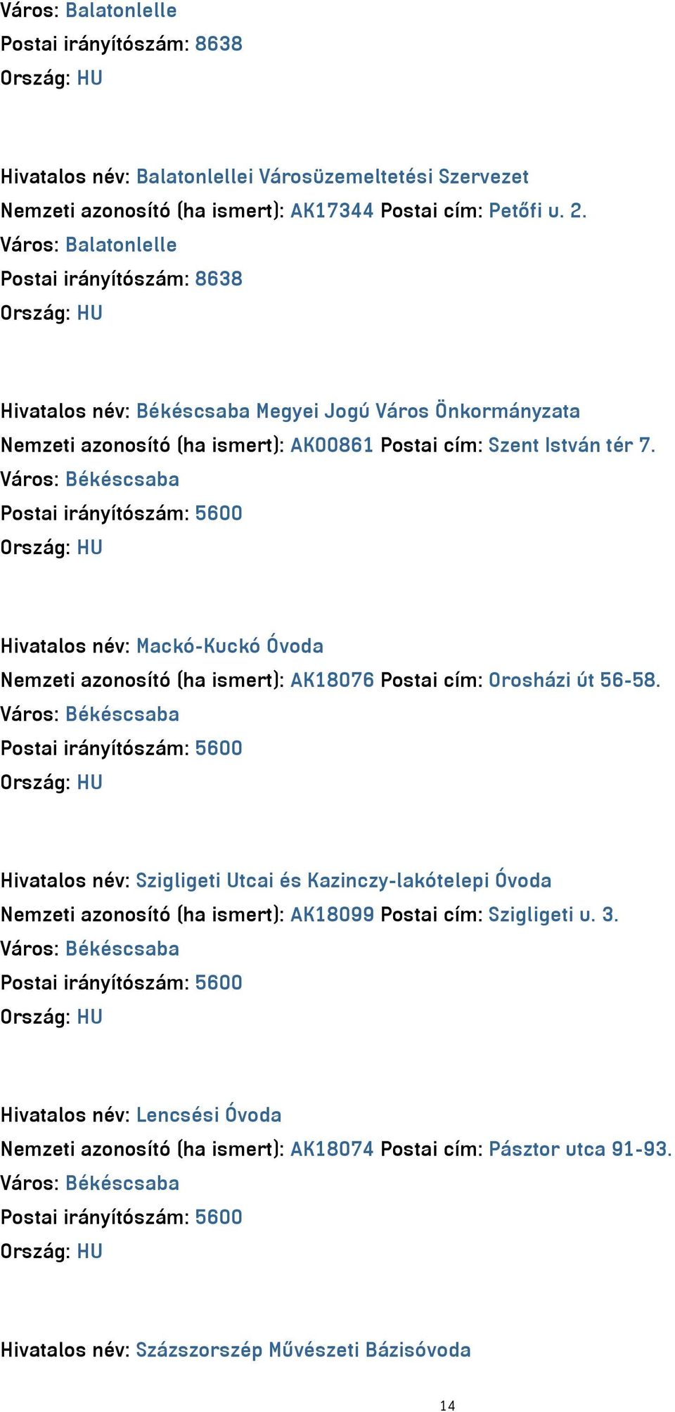 Hivatalos név: Mackó-Kuckó Óvoda Nemzeti azonosító (ha ismert): AK18076 Postai cím: Orosházi út 56-58.