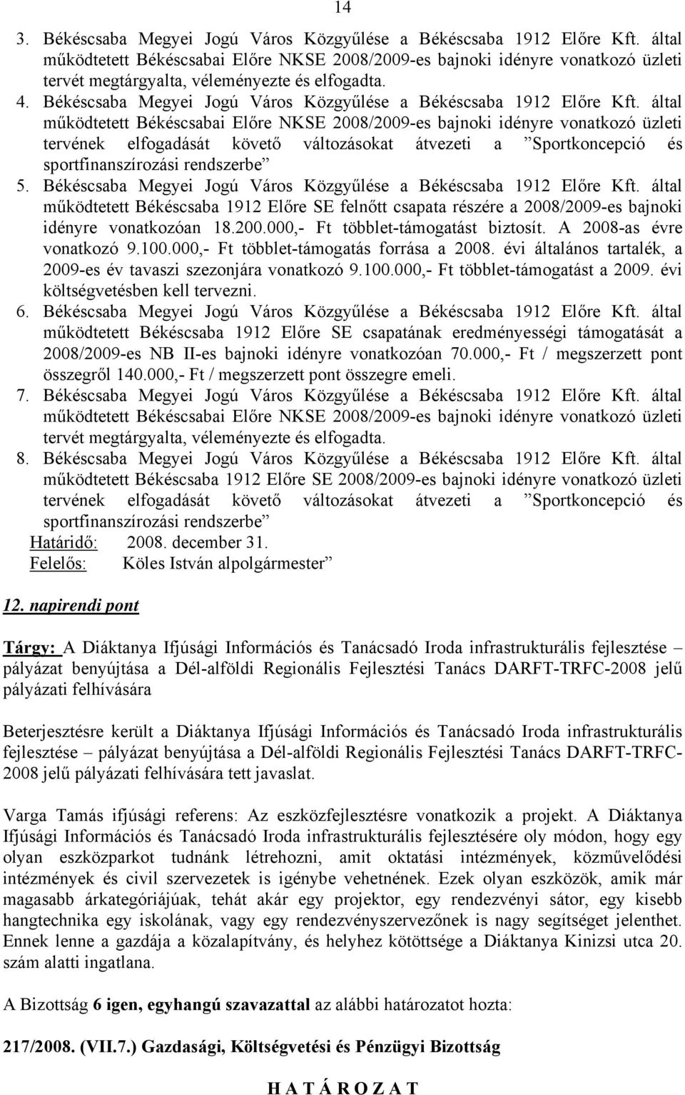 Békéscsaba Megyei Jogú Város Közgyűlése a Békéscsaba 1912 Előre Kft.