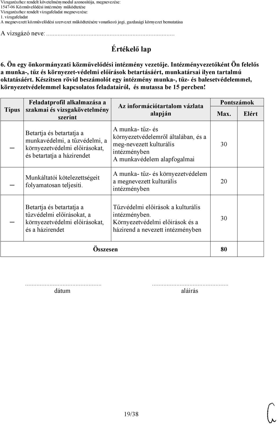 Készítsen rövid beszámolót egy intézmény munka-, tűz- és balesetvédelemmel, környezetvédelemmel kapcsolatos feladatairól, és mutassa be 15 percben!