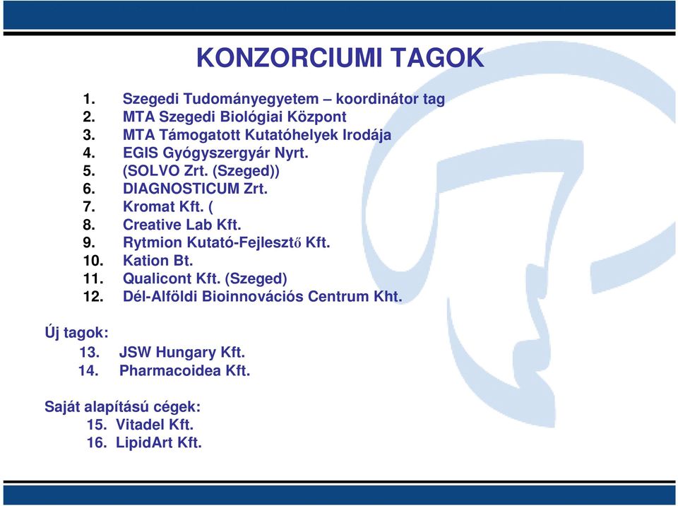 Kromat Kft. ( 8. Creative Lab Kft. 9. Rytmion Kutató-Fejlesztı Kft. 10. Kation Bt. 11. Qualicont Kft. (Szeged) 12.