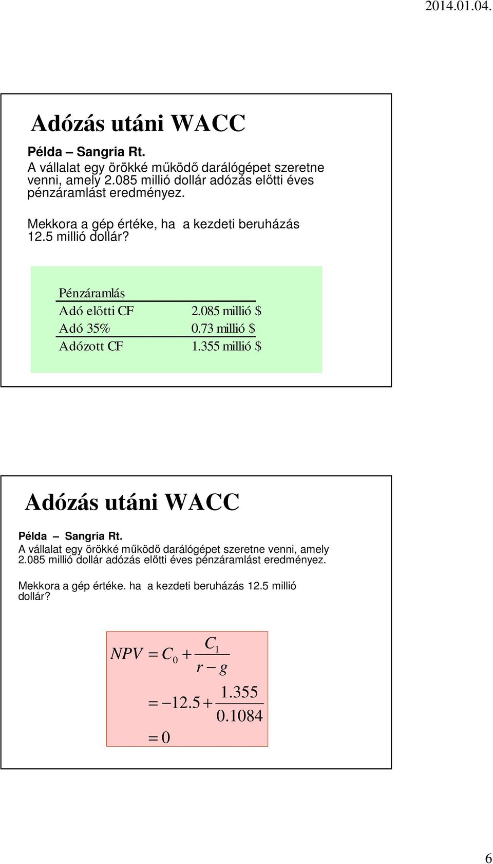 085 millió $ Adó 35% 0.73 millió $ Adózott CF 1.355 millió $ 085 millió dollár adózás előtti éves pénzáramlást eredményez. Mekkora a gép értéke.