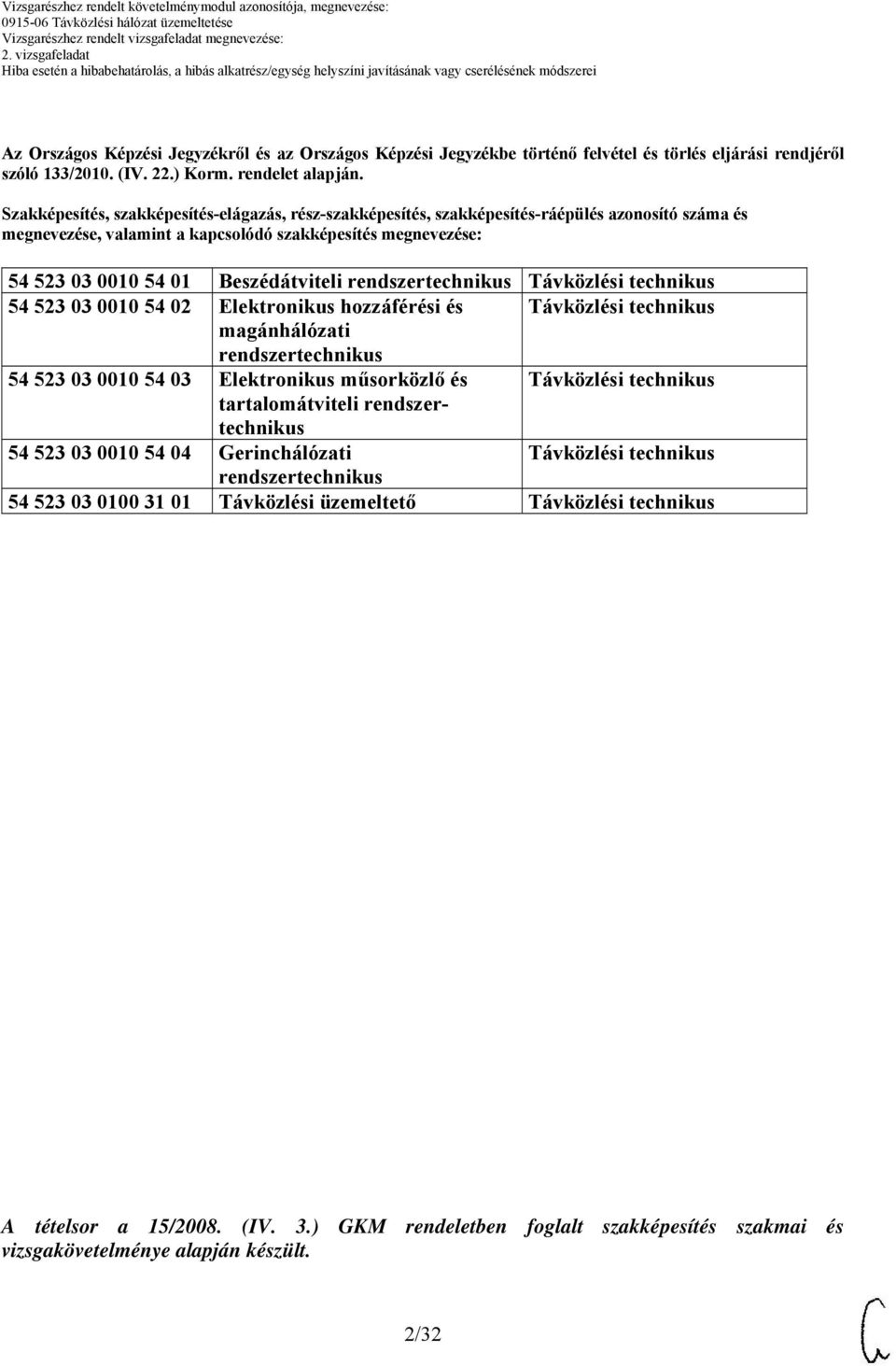 rendszertechnikus Távközlési technikus 54 523 03 0010 54 02 Elektronikus hozzáférési és Távközlési technikus magánhálózati rendszertechnikus 54 523 03 0010 54 03 Elektronikus műsorközlő és Távközlési