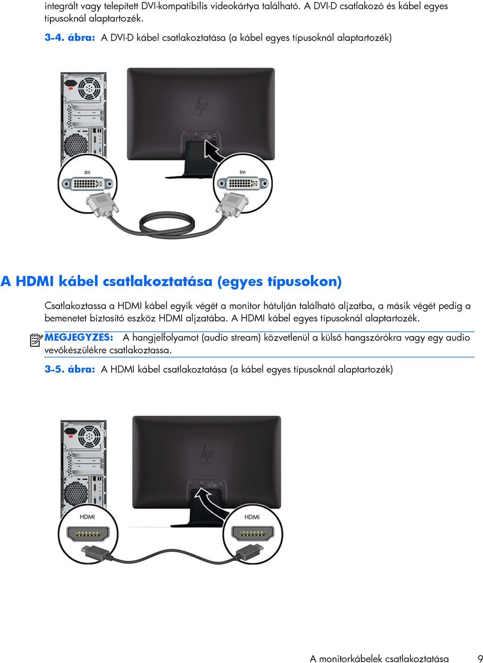 monitor hátulján található aljzatba, a másik végét pedig a bemenetet biztosító eszköz HDMI aljzatába. A HDMI kábel egyes típusoknál alaptartozék.