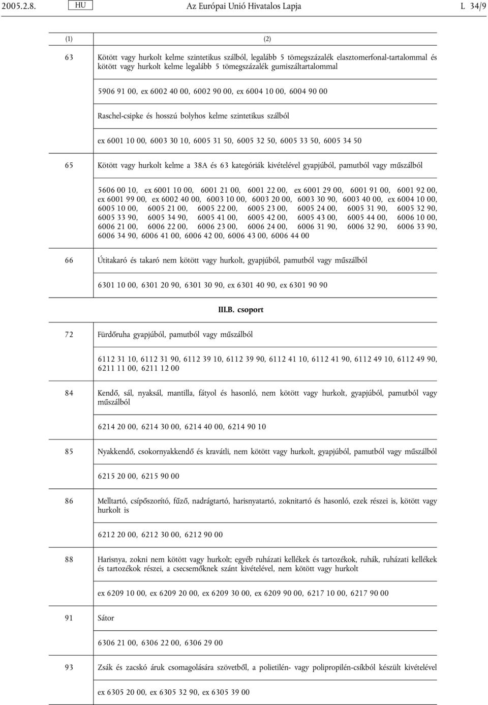 gumiszáltartalommal 5906 91 00, ex 6002 40 00, 6002 90 00, ex 6004 10 00, 6004 90 00 Raschel-csipke és hosszú bolyhos kelme szintetikus szálból ex 6001 10 00, 6003 30 10, 6005 31 50, 6005 32 50, 6005