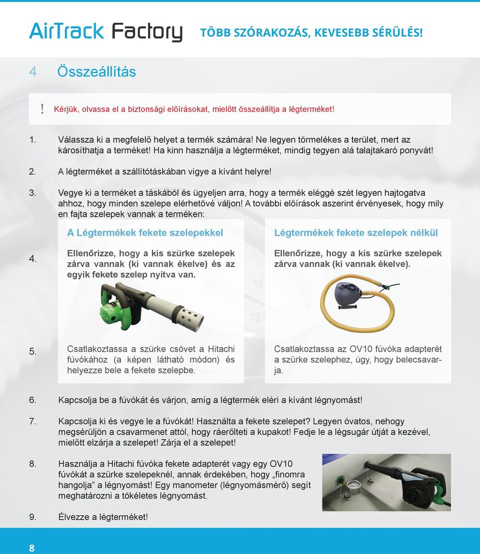 Vegye ki a terméket a táskából és ügyeljen arra, hogy a termék eléggé szét legyen hajtogatva ahhoz, hogy minden szelepe elérhetővé váljon!