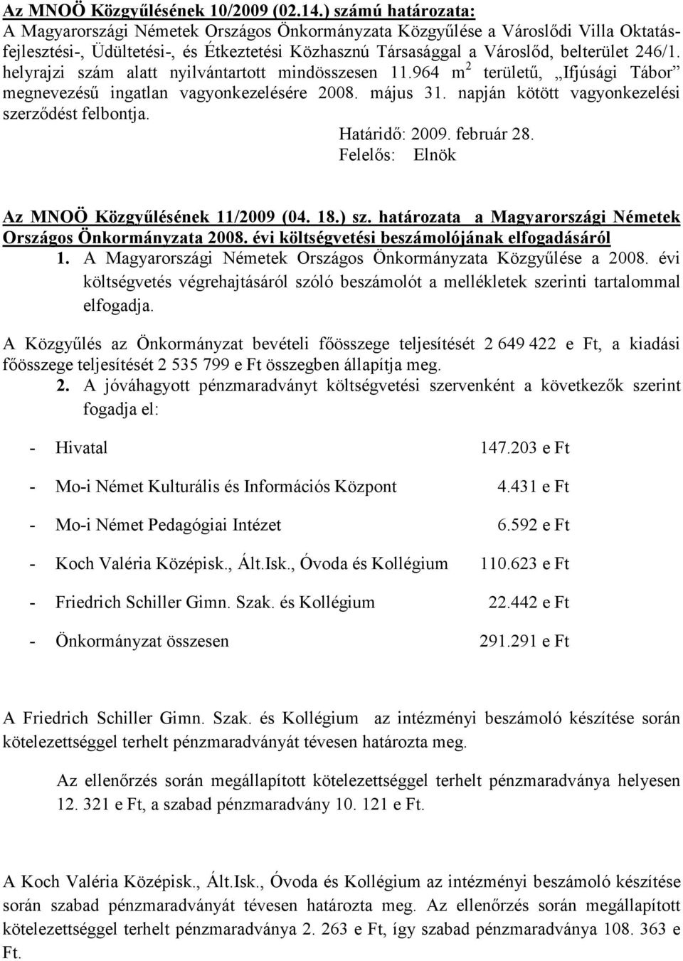 helyrajzi szám alatt nyilvántartott mindösszesen 11.964 m 2 területő, Ifjúsági Tábor megnevezéső ingatlan vagyonkezelésére 2008. május 31. napján kötött vagyonkezelési szerzıdést felbontja.