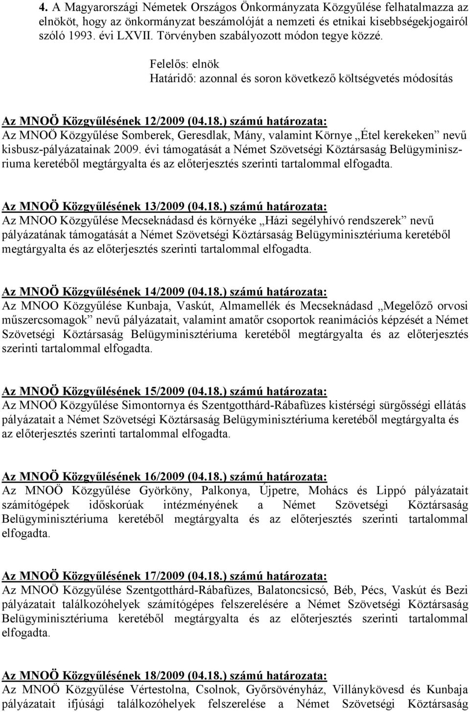 ) számú határozata: Az MNOÖ Közgyőlése Somberek, Geresdlak, Mány, valamint Környe Étel kerekeken nevő kisbusz-pályázatainak 2009.