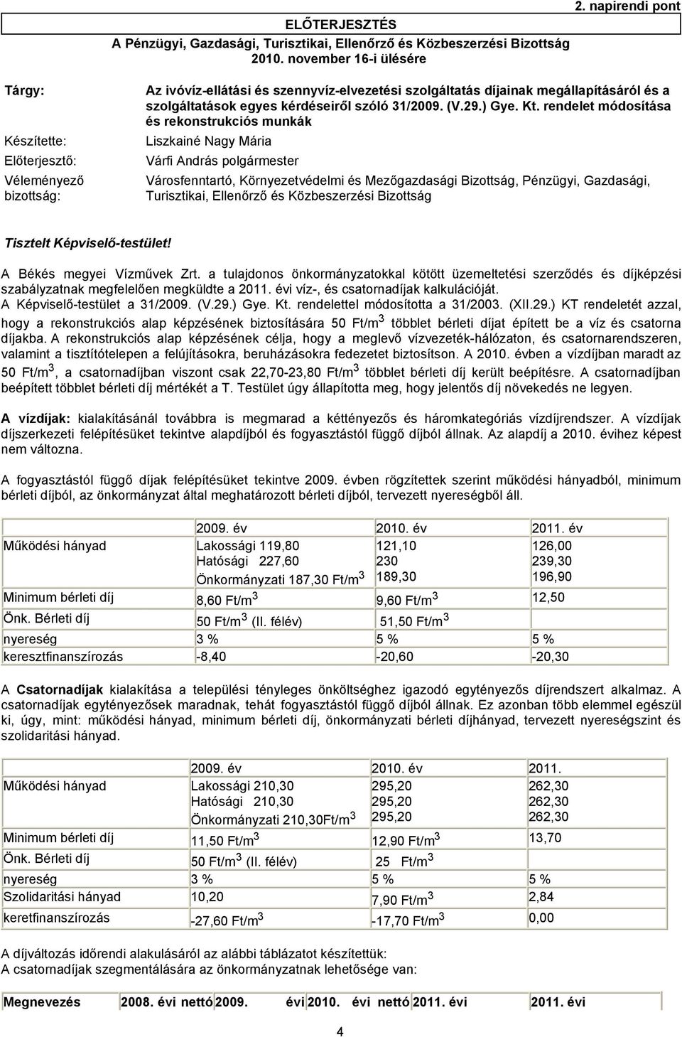 rendelet módosítása és rekonstrukciós munkák Előterjesztő: Várfi András polgármester Véleményező bizottság: Városfenntartó, Környezetvédelmi és Mezőgazdasági Bizottság, Pénzügyi, Gazdasági,