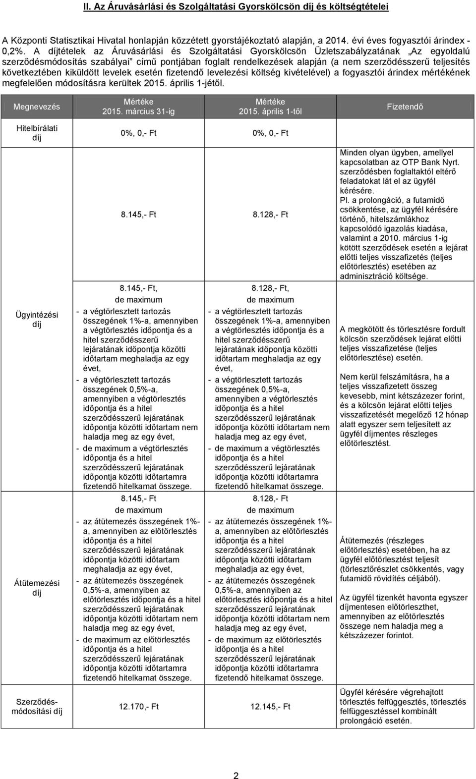 következtében kiküldött levelek esetén fizetendő levelezési költség kivételével) a fogyasztói árindex mértékének megfelelően módosításra kerültek 2015. április 1-jétől. Megnevezés 2015.