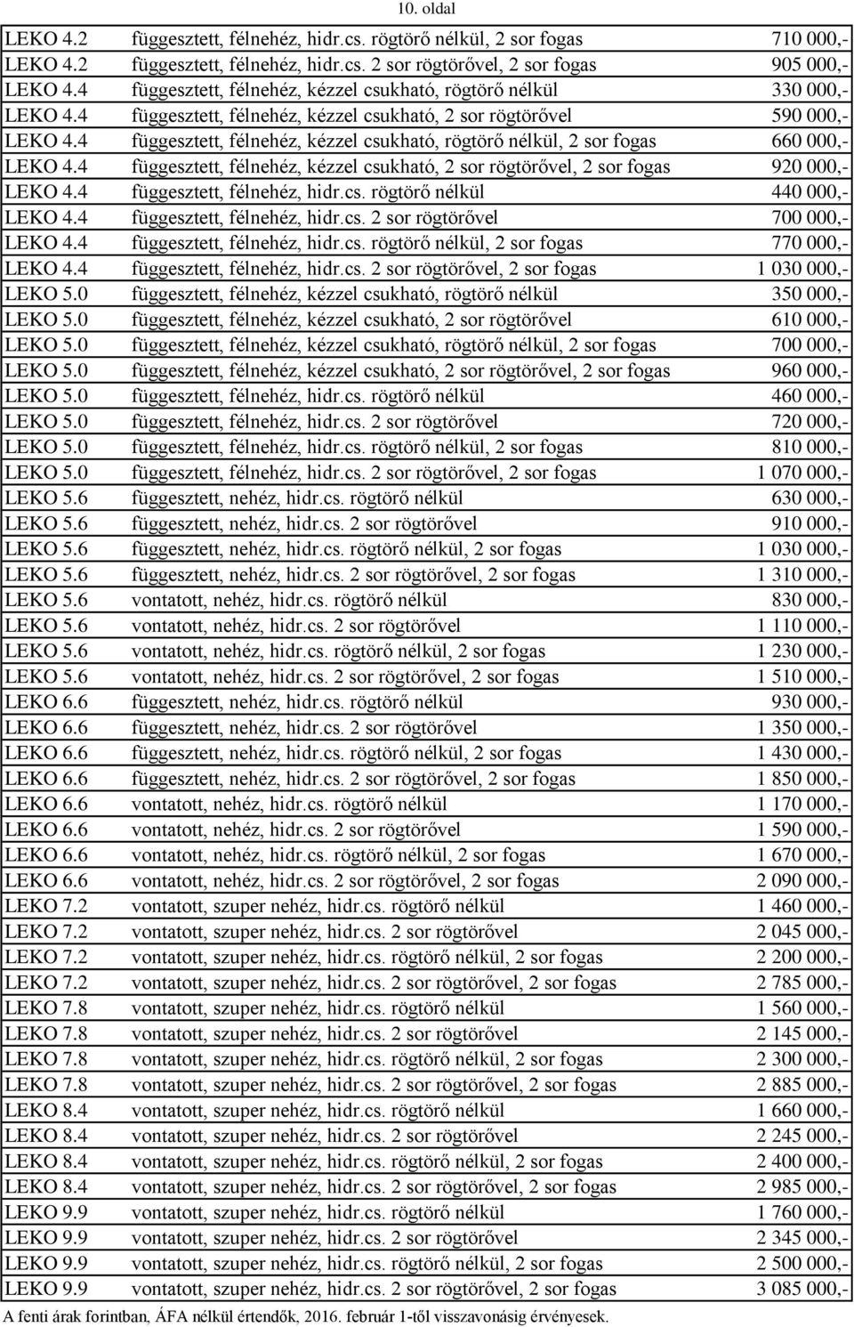 4 függesztett, félnehéz, kézzel csukható, rögtörő nélkül, 2 sor fogas 660 000,- LEKO 4.4 függesztett, félnehéz, kézzel csukható, 2 sor rögtörővel, 2 sor fogas 920 000,- LEKO 4.