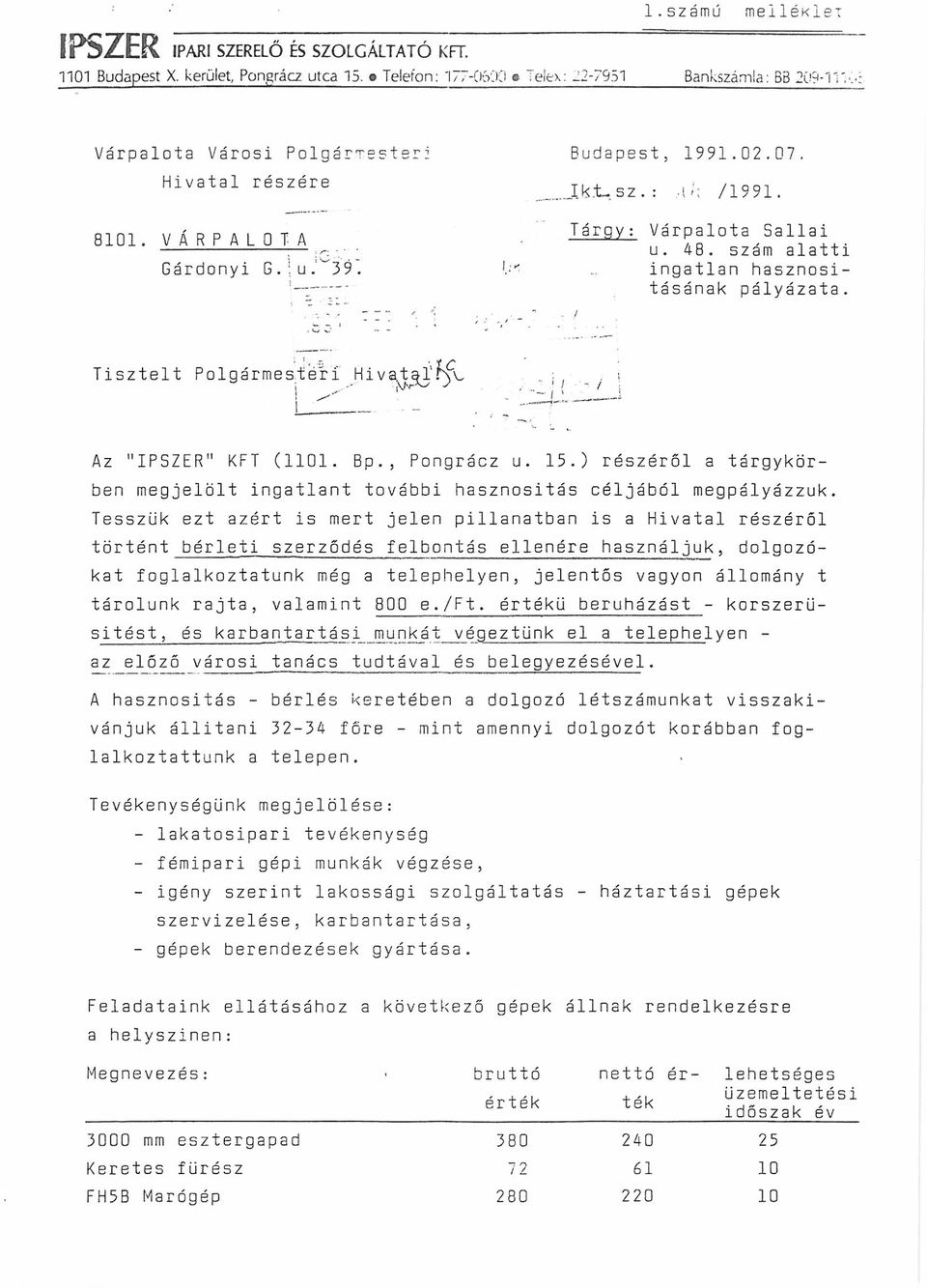 szám alatti ingatlan hasznosításának pályázata. \IC Tisztelt Polgármesteri Hi va.tqkl'r^v. i -i Az "IPSZER" KFT (1101. Bp., Pongrácz u. 15.