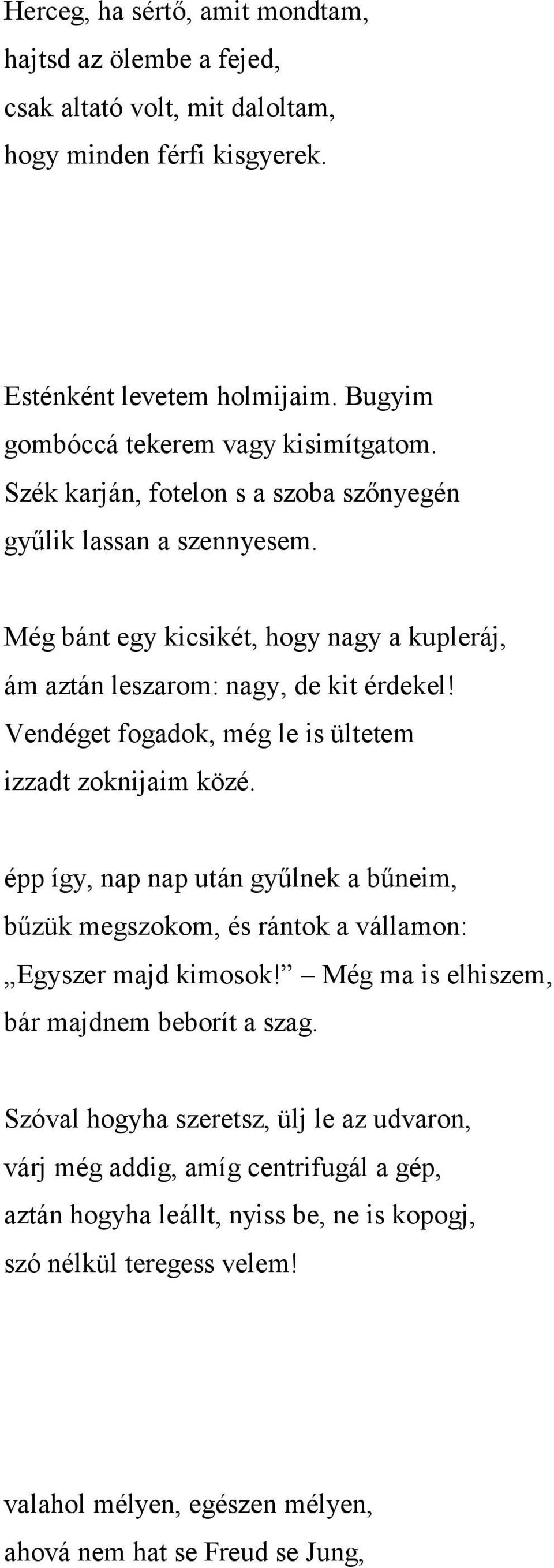 Vendéget fogadok, még le is ültetem izzadt zoknijaim közé. épp így, nap nap után gyűlnek a bűneim, bűzük megszokom, és rántok a vállamon: Egyszer majd kimosok!