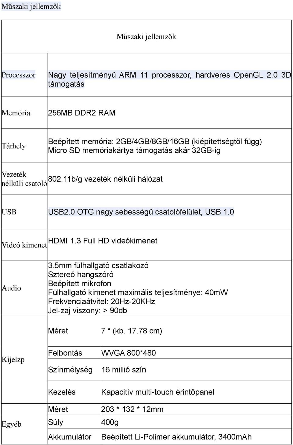 11b/g vezeték nélküli hálózat nélküli csatoló USB USB2.0 OTG nagy sebességű csatolófelület, USB 1.0 HDMI 1.3 Full HD videókimenet Videó kimenet Audio 3.