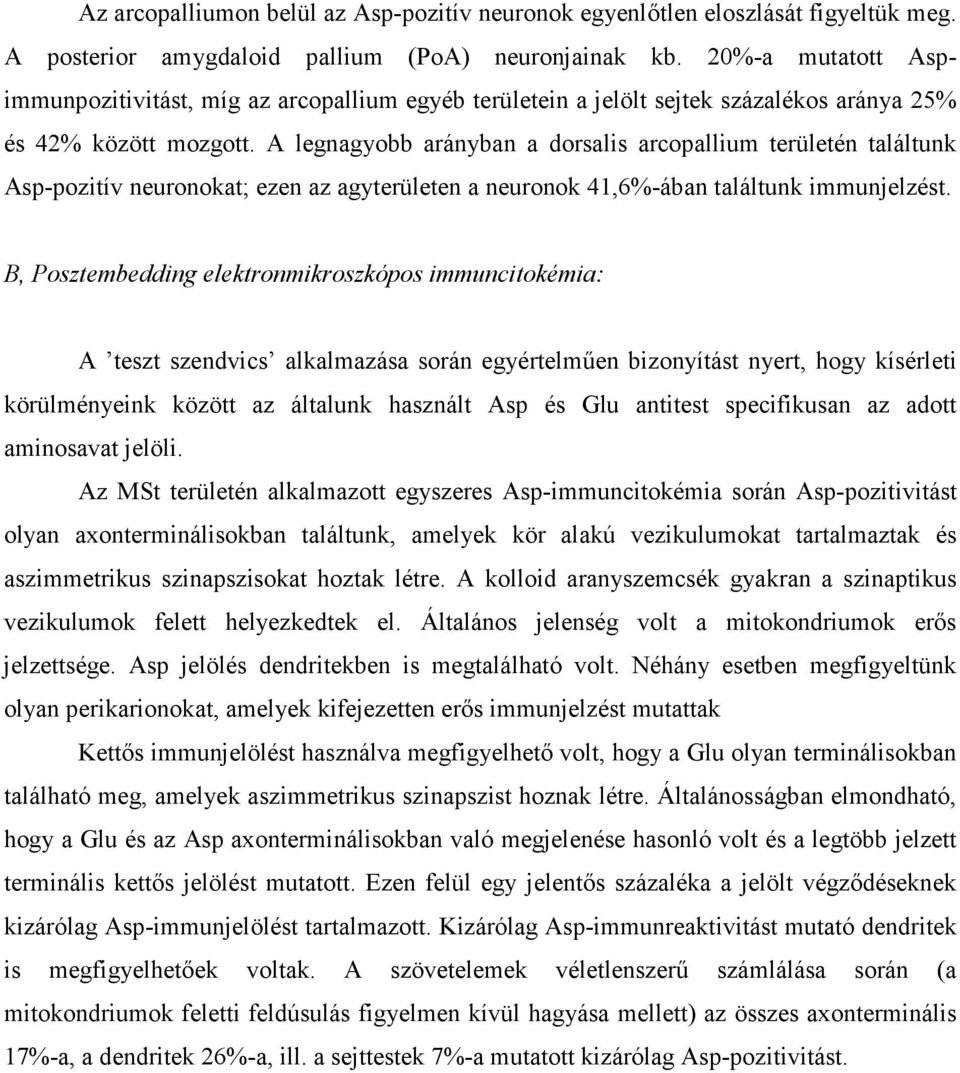 A legnagyobb arányban a dorsalis arcopallium területén találtunk Asp-pozitív neuronokat; ezen az agyterületen a neuronok 41,6%-ában találtunk immunjelzést.