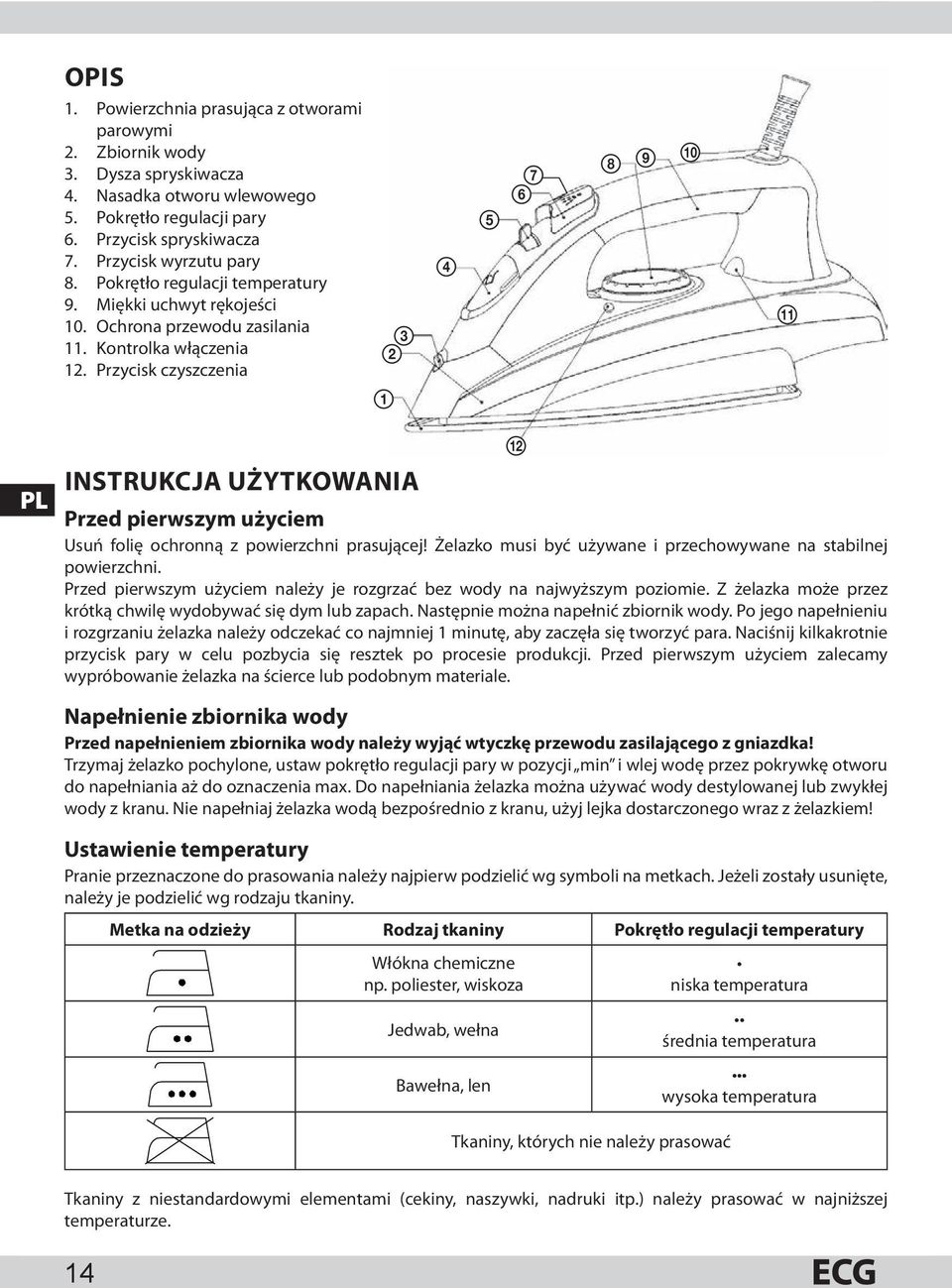 Przycisk czyszczenia 2 3 1 4 5 7 6 8 9 0 qa PL INSTRUKCJA UŻYTKOWANIA Przed pierwszym użyciem Usuń folię ochronną z powierzchni prasującej!