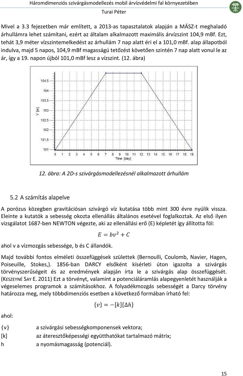 alap állapotból indulva, majd 5 napos, 104,9 mbf magasságú tetőzést követően szintén 7 nap alatt vonul le az ár, így a 19. napon újból 101,0 mbf lesz a vízszint. (12. ábra) 12.