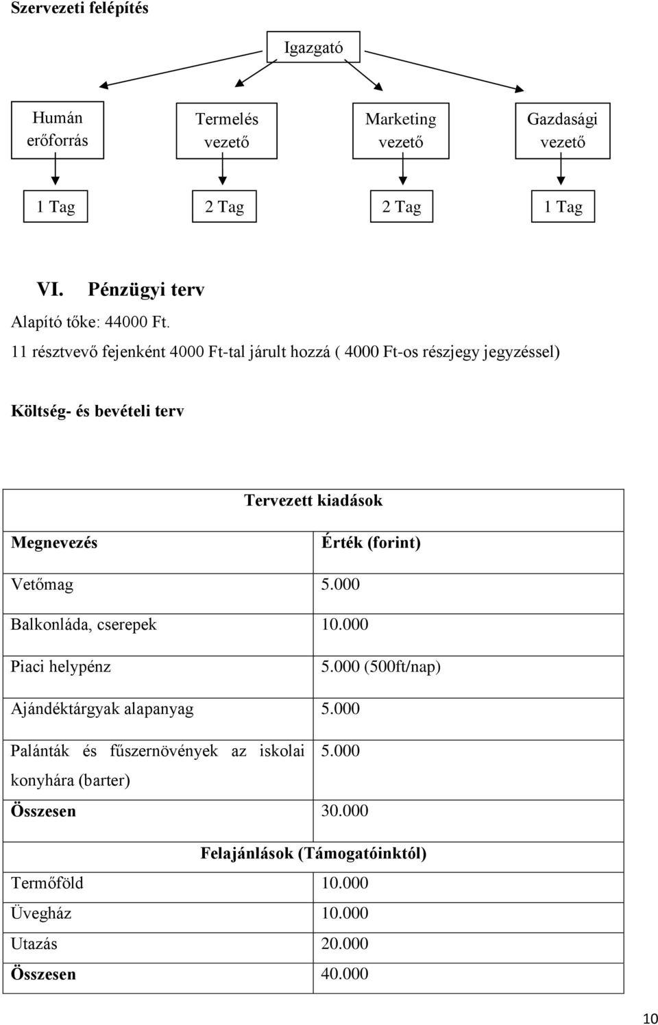 11 résztvevő fejenként 4000 Ft-tal járult hozzá ( 4000 Ft-os részjegy jegyzéssel) Költség- és bevételi terv Tervezett kiadások Megnevezés Érték