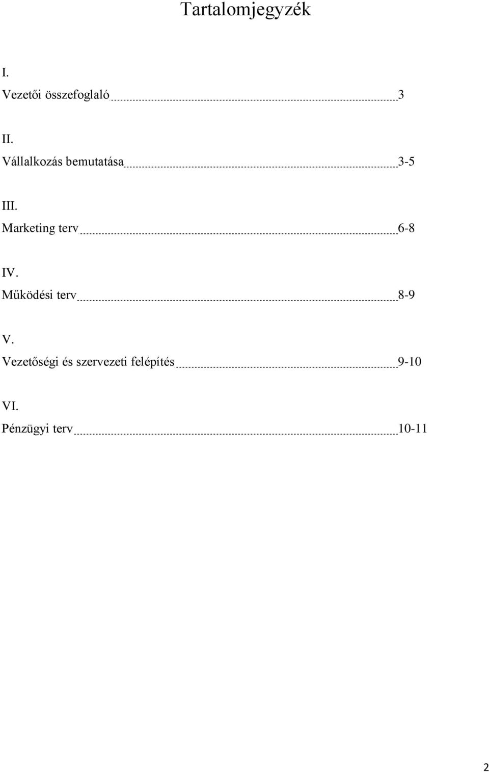 Marketing terv 6-8 IV. Működési terv 8-9 V.
