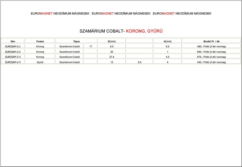 Ft/db (2 db/ csomag) EUROSAM-2-2 Korong Szamárium-Cobalt 20 1 600,- Ft/db (2 db/ csomag) EUROSAM-2-3 Korong
