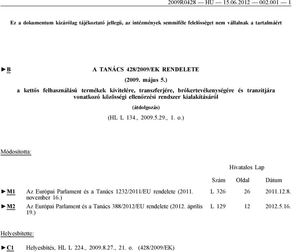 ) a kettős felhasználású termékek kivitelére, transzferjére, brókertevékenységére és tranzitjára vonatkozó közösségi ellenőrzési rendszer kialakításáról (átdolgozás) (HL L 134.