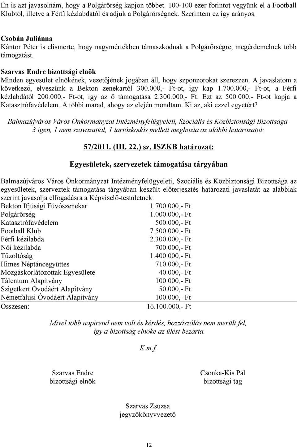 A javaslatom a következő, elveszünk a Bekton zenekartól 300.000,- Ft-ot, így kap 1.700.000,- Ft-ot, a Férfi kézlabdától 200.000,- Ft-ot, így az ő támogatása 2.300.000,- Ft. Ezt az 500.