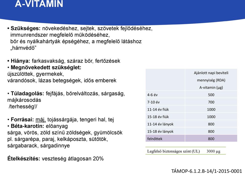 / Forrásai: máj, tojássárgája, tengeri hal, tej Béta-karotin: előanyag sárga, vörös, zöld színű zöldségek, gyümölcsök pl.