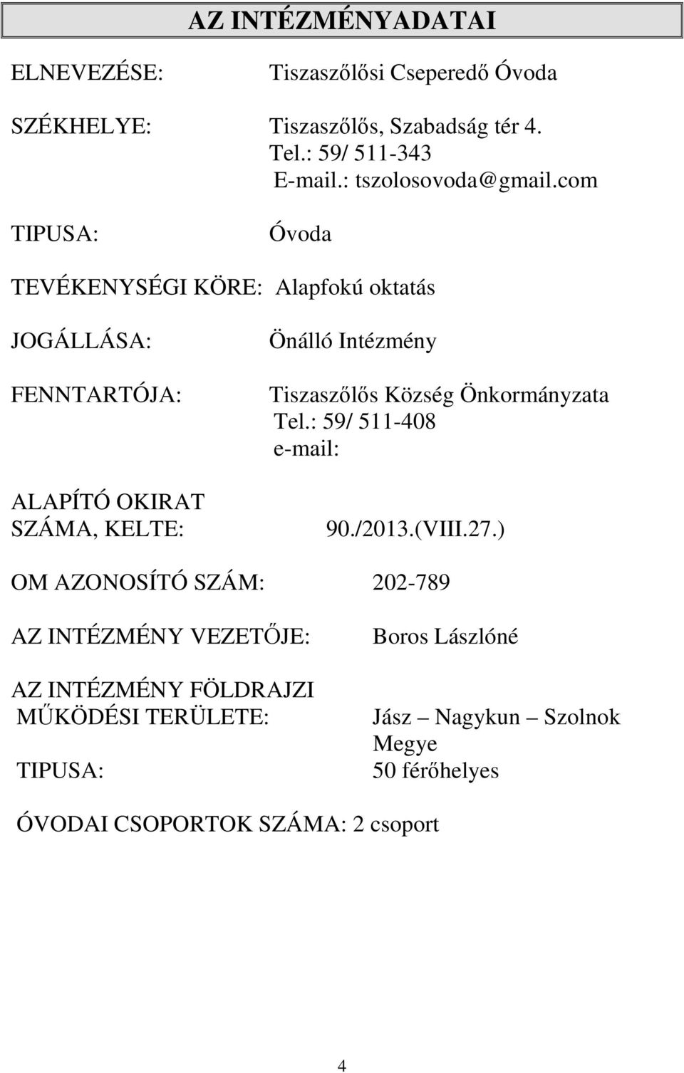 com TIPUSA: Óvoda TEVÉKENYSÉGI KÖRE: Alapfokú oktatás JOGÁLLÁSA: FENNTARTÓJA: ALAPÍTÓ OKIRAT SZÁMA, KELTE: Önálló Intézmény Tiszaszőlős