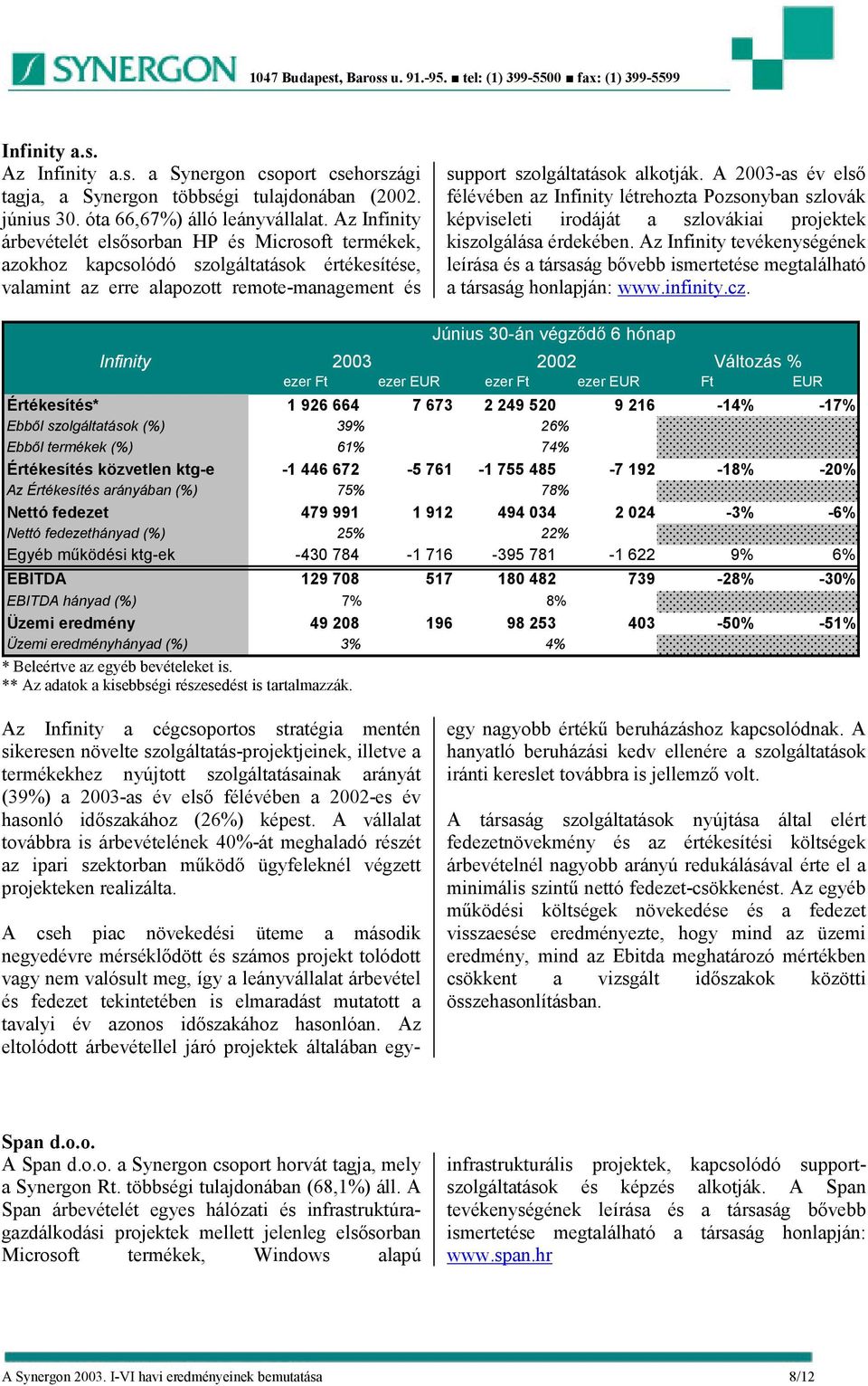 A 2003-as év első félévében az Infinity létrehozta Pozsonyban szlovák képviseleti irodáját a szlovákiai projektek kiszolgálása érdekében.