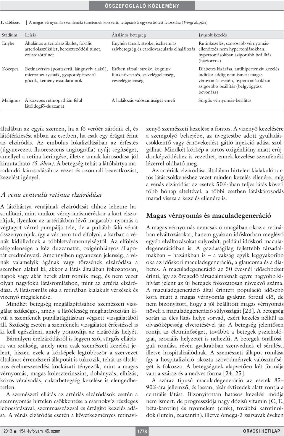 retinopathián felül látóidegfő-duzzanat Enyhén társul: stroke, ischaemiás szívbetegség és cardiovascularis elhalálozás Erősen társul: stroke, kognitív funkcióvesztés, szívelégtelenség,