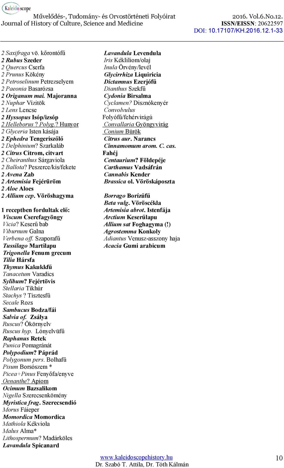 Szarkaláb 2 Citrus Citrom, citvart 2 Cheiranthus Sárgaviola 2 Ballota? Peszerce/kis/fekete 2 Avena Zab 2 Artemisia Fejérüröm 2 Aloe Aloes 2 Allium cep.