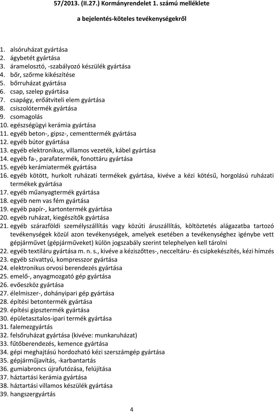 egyéb beton-, gipsz-, cementtermék gyártása 12. egyéb bútor gyártása 13. egyéb elektronikus, villamos vezeték, kábel gyártása 14. egyéb fa-, parafatermék, fonottáru gyártása 15.