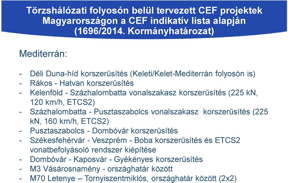 korszerűsítés (225 kn, 120 km/h, ETCS2) - Százhalombatta - Pusztaszabolcs vonalszakasz korszerűsítés (225 kn, 160 km/h, ETCS2) - Pusztaszabolcs - Dombóvár korszerűsítés -
