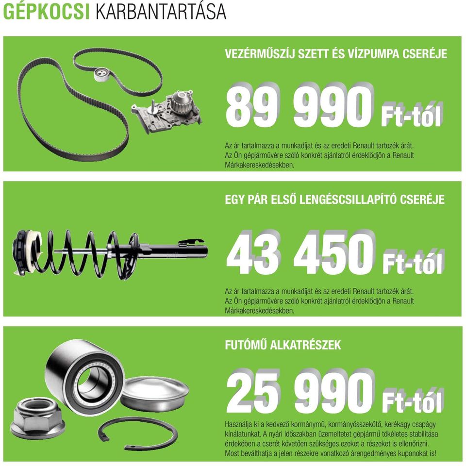 EGY PÁR ELSŐ LENGÉSCSILLAPÍTÓ CSERÉJE Az ár tartalmazza a munkadíjat és az eredeti Renault tartozék árát.